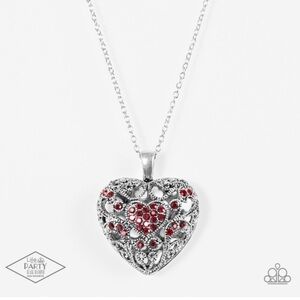 Elegant Silver and Red Heart Necklace and Earring Set
